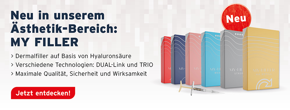 Neu in unserem aesthetik-Bereich: MY FILLER; Dermalfiller auf Basis von Hyaluronsaeure, verschiedene Technologien: DUAL-Link und TRIO, Maximale Qualitaet, Sicherheit und Wirksamkeit